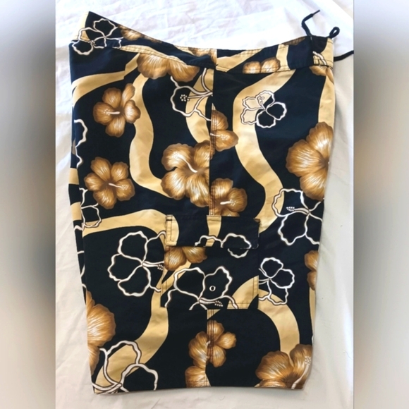 Hawaiian Board Shorts 40 Pocket Surf Trunks Beach Black Gold White - Picture 6 of 13